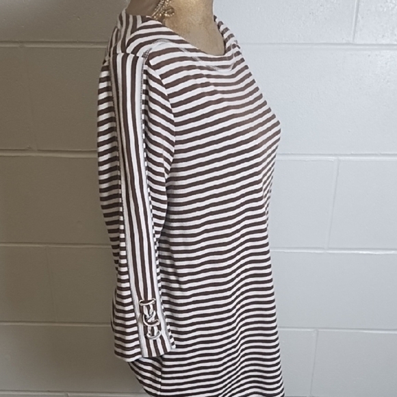 Blair Chocolate & White Striped Tee Shirt 3/4 Laced Sleeve Details - Picture 2 of 11